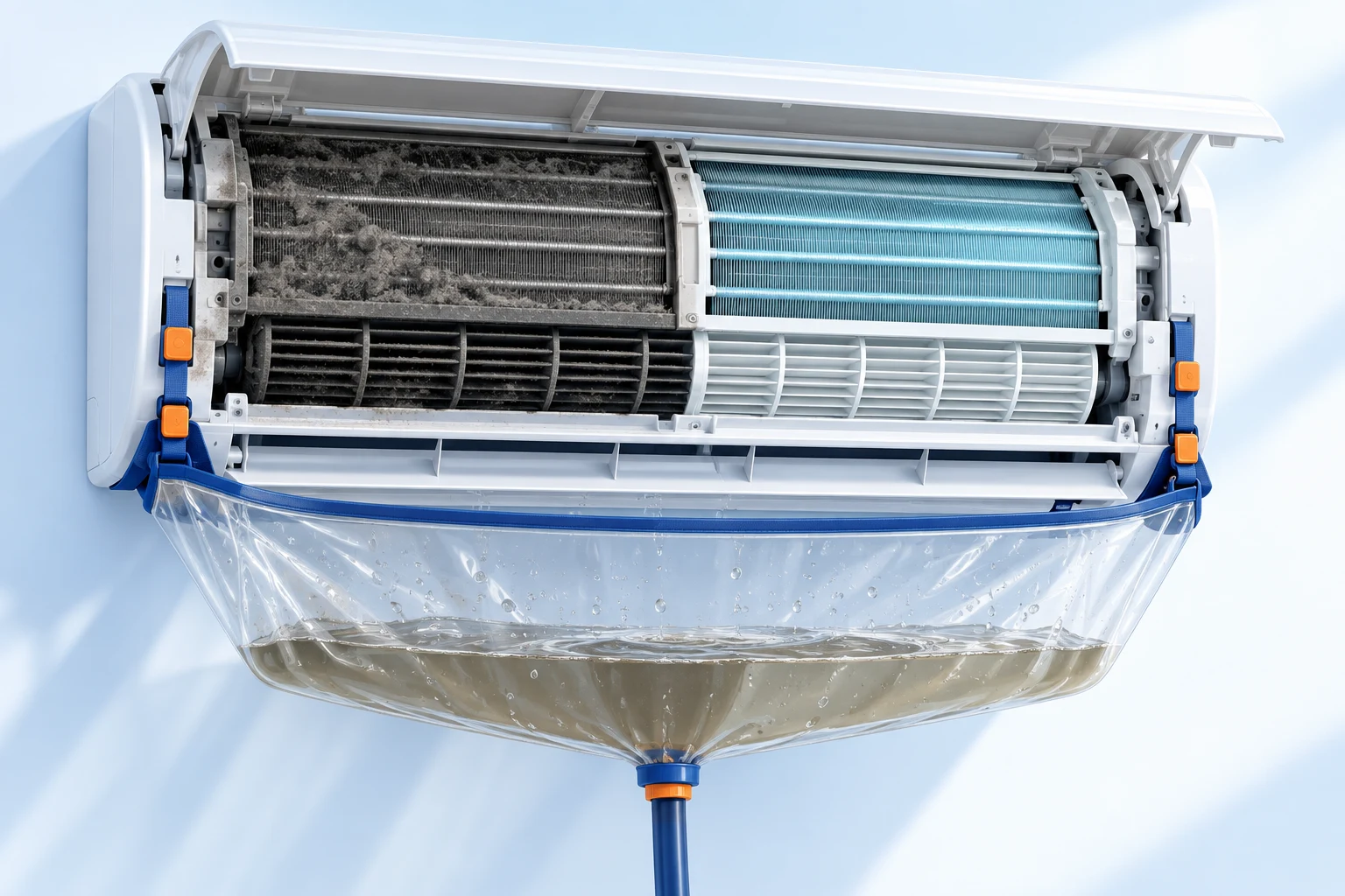 Illustration of a mini-split with dusty and clean internal sections and collected rinse water